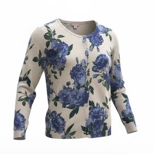 Laura Scott Blue Floral Snap Button Cardigan Sweater Large 100% Cotton